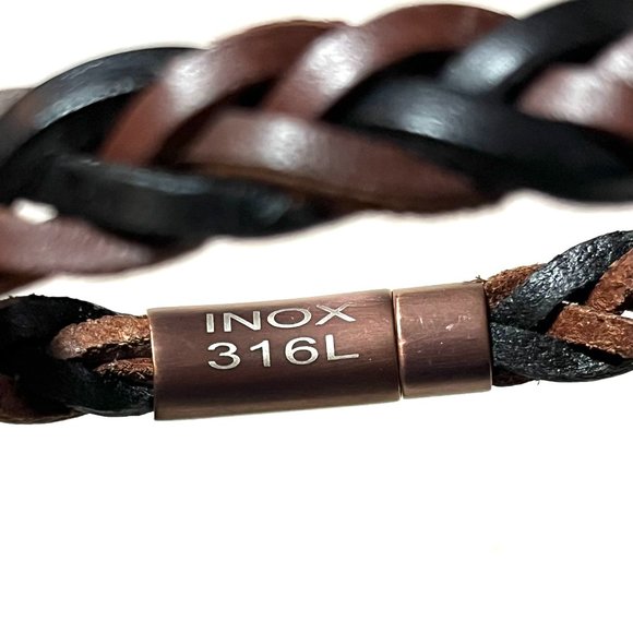 Men's Black and Brown Braided Leather with Rose Gold Clasp Bracelet - NIP - Picture 2 of 9